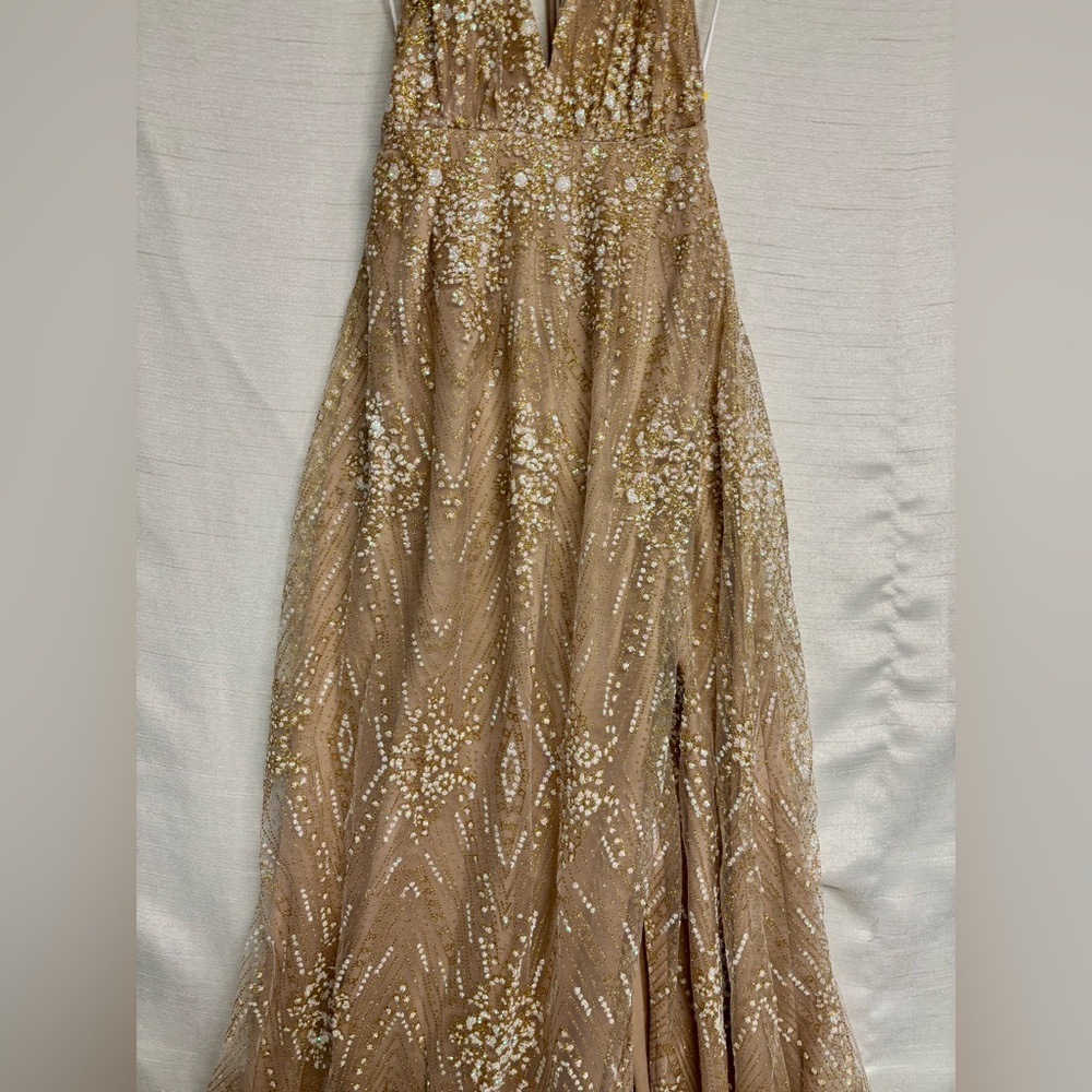 Hello Molly | NWT Gold Sequin Backless Dress Wrap Tie Slit Prom Formal Sexy US 4 - Picture 5 of 13